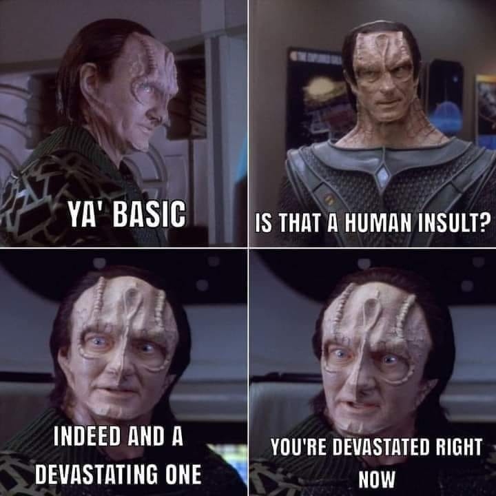 This meme features a still image from the TV show Star Trek: Deep Space Nine, specifically a scene where the character Garak, a Vulcan-like alien, says "Fascinating" in a deadpan tone. However, the image has been edited to replace Garak's words with the phrase "You're telling me?" in a sarcastic tone. The meme is a humorous take on the original scene, exaggerating Garak's stoic demeanor and adding a touch of dry wit.